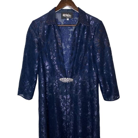Ursula of Switzerland Vintage Lace Long Formal Jacket Navy Embellished sz 10 - Picture 2 of 4